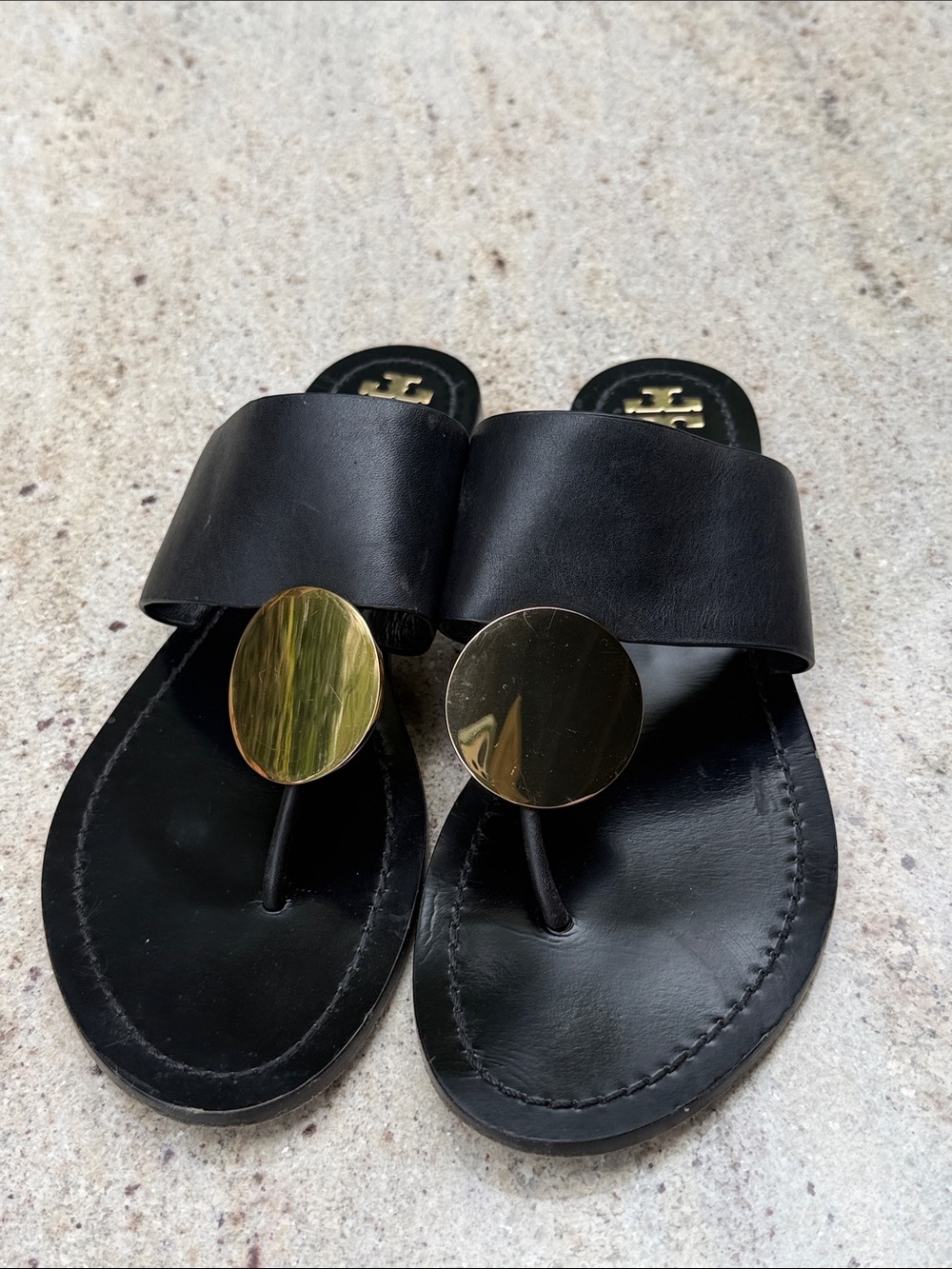 Tory Burch Black Pathos Disk Leather Sandal with Gold Discs